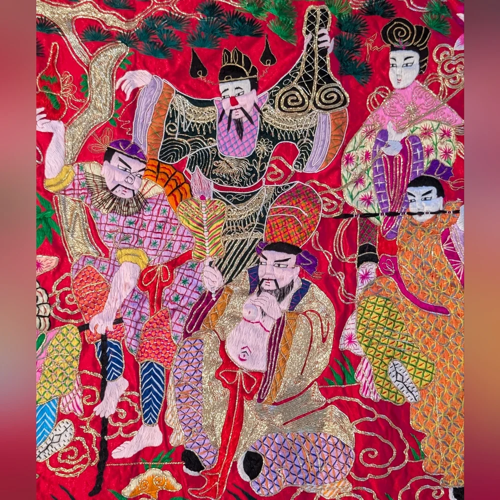 Antique Vintage Chinese Silk Altar Banner Eight Immortals Gold Silver Threads